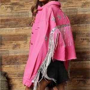 NWT Blue Buttercup Silver Metallic Fringe Star Hot Pink Jacket
